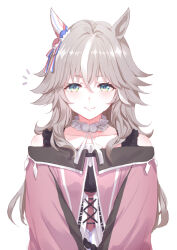 Rule 34 | 1girl, animal ears, choker, closed mouth, corset, ear covers, green eyes, grey hair, hair between eyes, horse ears, jacket, light blush, long hair, long sleeves, looking at viewer, multicolored hair, notice lines, off-shoulder jacket, off shoulder, pink jacket, pom pom (clothes), romi (346 ura), simple background, single ear cover, smile, solo, streaked hair, umamusume, upper body, v arms, white background, wonder acute (umamusume)