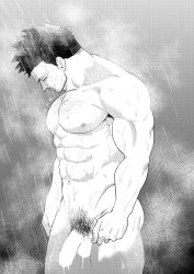 Rule 34 | 1boy, bara, blank censor, boku no hero academia, censored, chest hair, completely nude, endeavor (boku no hero academia), facial hair, feet out of frame, flaccid, from side, greyscale, highres, large pectorals, looking down, male focus, male pubic hair, mature male, monochrome, muscular, muscular male, navel, nude, p (pppppppppq), pectorals, penis, pubic hair, rain, scar, scar across eye, scar on face, short hair, sideburns, solo, spiked hair, stubble, thick thighs, thighs, wet