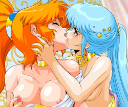 Rule 34 | 2girls, 675 (image 675), biting, biting another&#039;s lip, blue eyes, blue hair, blush, breasts, caron (rall), closed eyes, cream lemon, crossover, dress, face-to-face, flare (lyon densetsu flare), hand on another&#039;s face, hand on another&#039;s head, highres, hug, kiss, long hair, lyon densetsu flare, multiple girls, nipple stimulation, nipple tweak, nipples, off shoulder, open mouth, orange hair, ponytail, sf choujigen densetsu rall, very long hair, yuri