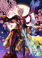 Rule 34 | 1boy, armor, blonde hair, blue eyes, boots, cape, character request, cherry blossoms, facial mark, forehead mark, full moon, gabuccc, glowing, glowing sword, glowing weapon, greaves, japanese clothes, kaku-san-sei million arthur, male focus, million arthur (series), moon, muscular, night, sky, star (sky), starry sky, sword, weapon
