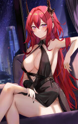 Rule 34 | 1girl, absurdres, alternate costume, arknights, arm rest, armpits, bare arms, bare shoulders, black dress, black nails, breasts, center opening, cleavage, closed mouth, cocktail dress, couch, crossed legs, dress, hair between eyes, halter dress, halterneck, highres, horns, long hair, looking at viewer, medium breasts, nail polish, night, night sky, no bra, purple eyes, red hair, ru zhai, side slit, sitting, sky, sleeveless, sleeveless dress, slit pupils, solo, surtr (arknights), thighs, very long hair, window, wing collar