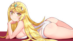 Rule 34 | ass, blonde hair, breasts, cougar (cougar1404), headpiece, large breasts, long hair, mythra (radiant beach) (xenoblade), mythra (xenoblade), one-piece swimsuit, pyra (pro swimmer) (xenoblade), ribbed swimsuit, strapless, strapless one-piece swimsuit, striped clothes, striped one-piece swimsuit, swept bangs, swimsuit, tiara, very long hair, wedgie, white one-piece swimsuit, xenoblade chronicles (series), xenoblade chronicles 2, yellow eyes