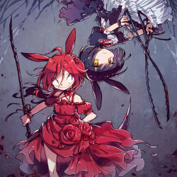 Rule 34 | 2girls, ahoge, animal ears, black dress, black scrunchie, black tail, blood, bloody weapon, closed mouth, commentary request, criss-cross halter, dated commentary, dress, falling petals, flower, frilled dress, frilled sleeves, frills, grey background, hair flower, hair ornament, halterneck, hand on own hip, holding, holding scissors, holding scythe, holding weapon, ascot, light frown, long hair, multiple girls, neck ribbon, off-shoulder dress, off shoulder, original, oversized object, painttool sai (medium), petals, petticoat, puffy short sleeves, puffy sleeves, rabbit ears, rabbit tail, rakuni, red dress, red eyes, red flower, red hair, red ribbon, red rose, red scrunchie, red tail, ribbon, rose, sanpaku, scissors, scrunchie, scythe, short sleeves, sideways glance, smile, standing, tail, upside-down, weapon, wrist scrunchie, yellow eyes