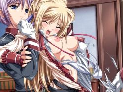 Rule 34 | 3girls, assisted exposure, assisted rape, blonde hair, blue eyes, breasts, closed eyes, embarrassed, female collaborator, forced, from behind, game cg, gloves, imminent rape, indoors, kuroishi ringo, long hair, military, military uniform, multiple girls, nipples, open clothes, open shirt, purple hair, restrained, ryoujoku guerilla gari, sharumi, shirt, torn clothes, uniform, white gloves, yuri