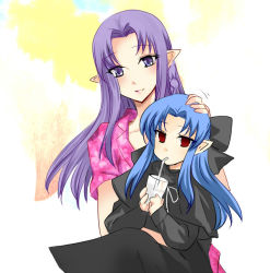 Rule 34 | 00s, 1girl, 2girls, blue eyes, blue hair, bow, braid, carnival phantasm, drinking straw, fate/stay night, fate (series), glass, hair bow, half updo, len (tsukihime), long hair, medea (fate), melty blood, multiple girls, pointy ears, red eyes, ribbon, trait connection, tsukihime, type-moon, yukt