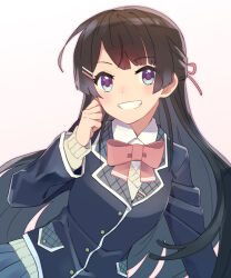 Rule 34 | 1girl, :d, black jacket, blazer, blue eyes, blue skirt, blush, bow, bowtie, brown hair, collared shirt, cowboy shot, dot nose, grin, hand on own cheek, hand on own face, jacket, long hair, looking at viewer, nijisanji, open mouth, pink bow, pink bowtie, pleated skirt, purple eyes, shirt, sidelocks, simple background, skirt, smile, solo, sou (tuhut), straight hair, teeth, tsukino mito, two-tone eyes, virtual youtuber, white background, white shirt