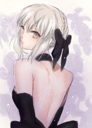 Rule 34 | 1girl, artoria pendragon (fate), backless dress, backless outfit, black bow, black gloves, blonde hair, bow, braid, brown eyes, choker, dress, elbow gloves, expressionless, fate/stay night, fate (series), floral background, flower, french braid, gloves, hair bow, jun (ash), lily (flower), looking at viewer, looking back, saber (fate), saber alter, short hair, solo, upper body