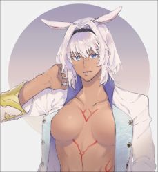 Rule 34 | 1girl, animal ears, arm behind head, bad id, bad twitter id, blue eyes, body markings, breasts, caenis (fate), coat, dark skin, dog ears, fate/grand order, fate (series), grey background, hair intakes, headband, highres, large breasts, nezunomori, open clothes, open coat, round image, smile, tattoo