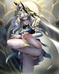 Rule 34 | 1girl, absurdres, anklet, arena of valor, barefoot, blue eyes, braid, circlet, crown braid, edelgard von hresvelg, feet, foot out of frame, gluteal fold, grey hair, highres, holding, holding weapon, jewelry, leg up, long hair, looking at viewer, nikishiko, open mouth, panties, pantyshot, soles, standing, standing on one leg, sword, thighs, toes, underwear, weapon