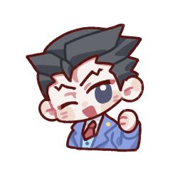 Rule 34 | 1boy, ;d, ace attorney, bai62988, black hair, blue eyes, blue jacket, collared shirt, hand up, jacket, lapel pin, lapels, long sleeves, looking at viewer, necktie, one eye closed, open mouth, phoenix wright, red necktie, shirt, short hair, simple background, smile, solo, spiked hair, transparent background, white shirt