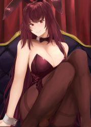 Rule 34 | 1girl, absurdres, animal ears, bare shoulders, bow, bowtie, breasts, brown pantyhose, chair, cleavage, couch, curtains, detached collar, eko.art, fake animal ears, fate/grand order, fate (series), highres, huge filesize, indoors, large breasts, leotard, long hair, looking at viewer, official alternate costume, pantyhose, playboy bunny, purple hair, rabbit ears, red eyes, scathach (fate), scathach (piercing bunny) (fate), smile, solo, strapless, strapless leotard, wrist cuffs