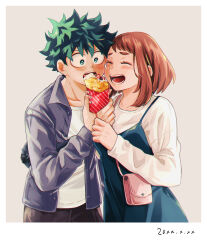 Rule 34 | 1boy, 1girl, blush, boku no hero academia, brown hair, casual, couple, crepe, dating, dessert, eating, food, green eyes, green hair, grey background, hetero, highres, laughing, midoriya izuku, open mouth, simple background, tabetai omochi, uraraka ochako