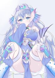 Rule 34 | 1girl, absurdres, blue dress, blue eyes, breasts, crying, detached sleeves, dress, duel monster, fins, grey hair, head fins, highres, large breasts, long hair, long sleeves, looking at viewer, nekka (87398o9514), siren (mythology), sleeves past wrists, solo, spread legs, tearlaments kitkallos, thighhighs, tiara, yu-gi-oh!