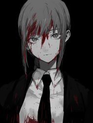 Rule 34 | 1girl, black background, blood, blood in hair, blood on clothes, blood on face, braid, business suit, chainsaw man, closed mouth, commentary request, formal, greyscale, highres, jacket, ktym 777, long hair, makima (chainsaw man), monochrome, necktie, ringed eyes, sidelocks, simple background, single braid, solo, spot color, suit, upper body
