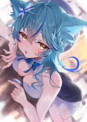 Rule 34 | 1girl, :d, animal ears, ass, bare shoulders, beret, blue hair, blush, braid, breasts, cat ears, choko (cup), cleavage, close-up, cup, hair ornament, half updo, hat, highres, hololive, long hair, looking at viewer, lying, misekiss, on stomach, open mouth, skirt, smile, solo, virtual youtuber, yellow eyes, yukihana lamy