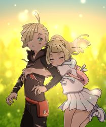 Rule 34 | 1boy, 1girl, absurdres, ahoge, backpack, bag, blonde hair, bomhat, brother and sister, closed eyes, closed mouth, creatures (company), game freak, gladion (pokemon), green eyes, hair over one eye, highres, hug, hug from behind, lillie (pokemon), long hair, long sleeves, miniskirt, nintendo, parted lips, pokemon, pokemon sm, ponytail, shirt, shoes, short hair, short sleeves, siblings, skirt, smile, torn clothes, white shirt, white skirt