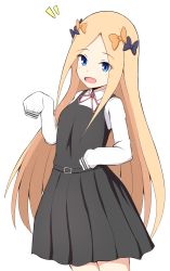Rule 34 | 1girl, abigail williams (fate), absurdres, black bow, black dress, blonde hair, blue eyes, blush, bow, child, commentary request, dress, fate/grand order, fate (series), hair bow, highres, long hair, long sleeves, looking at viewer, mitchi, multiple hair bows, orange bow, parted bangs, pinafore dress, red ribbon, ribbon, shirt, simple background, sleeveless dress, sleeves past fingers, sleeves past wrists, solo, very long hair, white background, white shirt