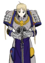 Rule 34 | 1girl, adeptus astartes, ahoge, armor, artoria pendragon (fate), blonde hair, blue trim, breastplate, chainsword, commentary, crossover, csp499, english commentary, expressionless, facing viewer, fate (series), gauntlets, gorget, green eyes, grey armor, holding chainsword, looking at viewer, pauldrons, planted, planted sword, planted weapon, power armor, purity seal, shoulder armor, sketch, skull, solo, sword, warhammer 40k, weapon, white background
