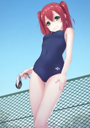 Rule 34 | 1girl, :d, arm at side, bare arms, bare legs, bare shoulders, blue one-piece swimsuit, blush, breasts, chain-link fence, covered navel, cowboy shot, day, fence, gluteal fold, goggles, green eyes, grin, hair between eyes, hand on lap, highres, kurosawa ruby, looking at viewer, love live!, love live! sunshine!!, meda, medium hair, one-piece swimsuit, open mouth, outdoors, red hair, school swimsuit, short hair, small breasts, smile, solo, standing, swimsuit, teeth, thigh gap, two side up