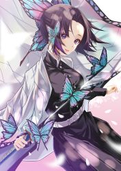 Rule 34 | 1girl, animal print, augu (523764197), belt, black hair, black pants, breasts, bug, butterfly, butterfly hair ornament, butterfly print, coat, cowboy shot, forehead, hair ornament, haori, insect, japanese clothes, katana, kimetsu no yaiba, kochou shinobu, lips, long sleeves, looking at viewer, medium breasts, multicolored hair, open mouth, pants, parted bangs, petals, pink background, purple eyes, purple hair, short hair, simple background, smile, solo, sword, two-tone hair, uniform, weapon