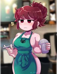 Rule 34 | 1girl, ahoge, among us, apron, artist name, artist request, bare shoulders, barista, blurry, blurry background, blush, brand name imitation, breasts, brown eyes, brown hair, cafe, cleavage, closed mouth, coffee, collarbone, cowboy shot, cup, depth of field, drink, exhibitionism, female focus, friday night funkin&#039;, girlfriend (friday night funkin&#039;), green apron, hair bun, heart, highres, holding, holding drink, holding pen, large breasts, long hair, mob face, multicolored hair, naked apron, nude, pen, ponytail, public indecency, raised eyebrows, shadow, sideboob, solo, streaked hair