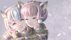 Rule 34 | 2girls, animal ears, artist name, adventurer (ff11), cat ears, closed eyes, closed mouth, facial mark, final fantasy, final fantasy xi, grey background, hairband, highres, hug, hug from behind, lips, looking at another, mithra (ff11), multiple girls, petals, pink hair, pink lips, piyoco, short hair, silver hair, smile, upper body, whisker markings, white hairband, yellow eyes