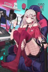 Rule 34 | 1girl, absurdres, ahoge, bandaged arm, bandages, bare shoulders, black bow, bow, chair, choker, crop top, desk, fingerless gloves, fishnet pantyhose, fishnets, gaming chair, gloves, grey eyes, grey hair, hair bow, hair ornament, hairclip, hat, heterochromia, highres, holding, holding stylus, ishigami nozomi, keyboard (computer), komiya latte, long hair, microphone, microphone stand, multicolored hair, necktie, neon lights, nijisanji, no shoes, off shoulder, pantyhose, pink eyes, pink hair, red shirt, red skirt, shirt, short shorts, short sleeves, shorts, sign, skirt, smile, solo, spiked choker, spikes, stuffed animal, stuffed tiger, stuffed toy, stylus, swivel chair, thighhighs, torn clothes, torn thighhighs, virtual youtuber, wristband