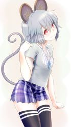 Rule 34 | 1girl, alternate costume, animal ears, black thighhighs, blush, contemporary, gradient background, grey hair, highres, ishikkoro, jewelry, looking at viewer, miniskirt, mouse ears, mouse tail, nazrin, necklace, plaid, plaid skirt, red eyes, shirt, short hair, short sleeves, skirt, smile, solo, tail, thighhighs, touhou, zettai ryouiki