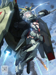 Rule 34 | 1girl, armor, armored boots, blue eyes, blue sky, blush, boots, cloud, commentary, commentary request, covered navel, day, english commentary, exhaust, floating hair, flying, forbidden gundam, furrowed brow, gauntlets, glint, grey hair, grin, gundam, gundam seed, hair between eyes, headgear, highres, holding, holding scythe, holding weapon, laser, looking at viewer, mecha musume, mixed-language commentary, outdoors, paid reward available, parted lips, qr code, scythe, shield, shoulder armor, sky, slit pupils, smile, smoke, solo, teeth, thrusters, tom-neko (zamudo akiyuki), twitter username, v-fin, weapon