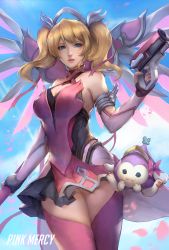 Rule 34 | 1girl, alternate hairstyle, bad id, bad pixiv id, bare shoulders, black skirt, blonde hair, blue eyes, blue sky, breasts, character name, cherry blossoms, cleavage, cowboy shot, day, dress, dual wielding, elbow gloves, finger on trigger, gloves, gun, hair ribbon, halo, halterneck, handgun, highres, holding, holding gun, holding staff, holding weapon, looking at viewer, mechanical halo, mechanical wings, medium breasts, medium hair, mercy (overwatch), miniskirt, nose, official alternate costume, overwatch, overwatch 1, pachimari, parted lips, pelvic curtain, petals, pink dress, pink lips, pink mercy, pink ribbon, pink thighhighs, pink wings, pistol, pleated skirt, ribbon, skirt, sky, solo, staff, stella chen yui, stuffed animal, stuffed toy, thighhighs, twintails, weapon, wings