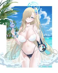 Rule 34 | 1girl, absurdres, asuna (blue archive), bikini, blue archive, blue eyes, blue halo, blue nails, blush, border, bracelet, breasts, food, hair over one eye, halo, highres, holding, holding food, holding ice cream, ice cream, jewelry, large breasts, long hair, looking at viewer, mole, mole on breast, necklace, ocean, ring, see-through, shupami, smile, solo, stomach, swimsuit, thong bikini, white bikini, white border