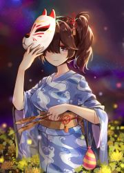 Rule 34 | 10s, 1girl, between fingers, blurry, breasts, brown hair, chrysanthemum, closed mouth, cowboy shot, depth of field, eyebrows, fireflies, fish, flower, food, fox mask, hair ornament, hair over eyes, hair over one eye, highres, holding, holding mask, japanese clothes, kaga (kancolle), kantai collection, kimono, light particles, long sleeves, looking at viewer, mask, mask on head, medium breasts, night, night sky, obi, one eye covered, print kimono, purple eyes, red ribbon, ribbon, sash, saury, side ponytail, sky, smile, solo, star (sky), starry sky, stick, striped, tassel, water yoyo, wide sleeves, yamano (yamanoh), yellow flower