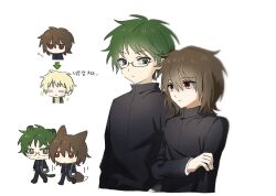 Rule 34 | 2boys, animal ears, atou haruki, black jacket, black pants, blonde hair, brown hair, chibi, closed eyes, closed mouth, co tsuu e, commentary request, flying sweatdrops, fox boy, fox ears, fox tail, gakuran, glasses, green hair, grey eyes, grey jacket, hair between eyes, jacket, kemonomimi mode, korean commentary, korean text, long sleeves, male focus, multiple boys, multiple views, no mouth, no nose, open clothes, open jacket, otowa rui (saibou shinkyoku), pants, raccoon boy, raccoon ears, raccoon tail, red eyes, saibou shinkyoku, school uniform, shirt, short hair, simple background, smile, tail, translation request, walking, white background, yellow shirt