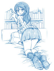 Rule 34 | 10s, 1girl, all fours, ass, bbb (friskuser), blue theme, bookshelf, commentary request, cover, cover page, from behind, girls und panzer, greyscale, headboard, keizoku school uniform, kneeling, long hair, long sleeves, looking at viewer, looking back, md5 mismatch, mika (girls und panzer), monochrome, no headwear, on bed, panties, pantyshot, pillow, pleated skirt, resolution mismatch, school uniform, skirt, smile, socks, solo, source larger, sweater, underwear