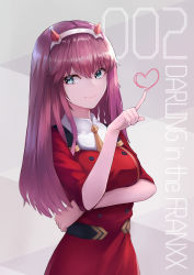 Rule 34 | 10s, 1girl, absurdres, baishang canzhuo, blue eyes, breast hold, breasts, buttons, closed mouth, coat, copyright name, darling in the franxx, double-breasted, eyelashes, eyeshadow, hairband, heart, highres, horns, index finger raised, long hair, looking at viewer, makeup, medium breasts, military, military uniform, pink hair, red coat, sleeves past elbows, sleeves pushed up, smile, solo, straight hair, uniform, very long hair, white hairband, zero two (darling in the franxx)
