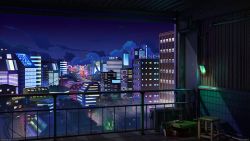 Rule 34 | artist name, balcony, building, city, cityscape, cloud, fence, highres, light, mb0sco, mixed-language commentary, night, night sky, no humans, original, outdoors, scenery, shadow, sky, watermark