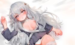Rule 34 | 1girl, arm up, bad id, bad pixiv id, bandaged leg, bandages, bed sheet, blue dress, blush, breasts, commentary request, dokomon, dress, dutch angle, girls&#039; frontline, grey eyes, hair between eyes, highres, korean commentary, long sleeves, looking at viewer, panties, parted lips, ribeyrolles (girls&#039; frontline), silver hair, skindentation, small breasts, solo, underwear, white panties, wide sleeves