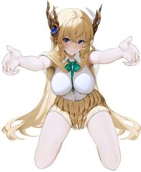 Rule 34 | 1girl, armpit peek, blonde hair, blue eyes, blush, bow, bowtie, breasts, capelet, closed mouth, collared shirt, commission, egk513, full body, green bow, green bowtie, hair ornament, highres, incoming hug, large breasts, long hair, looking at viewer, miniskirt, original, outstretched arms, pleated skirt, seiza, shirt, simple background, sitting, skirt, sleeveless, sleeveless shirt, smile, solo, thighs, very long hair, white background, white shirt, yellow capelet, yellow skirt