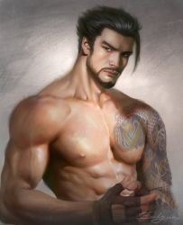 Rule 34 | 1boy, abs, arm tattoo, artist name, bara, beard, black gloves, black hair, brown eyes, closed mouth, facial hair, fingerless gloves, gloves, hanzo (overwatch), large pectorals, looking at viewer, male focus, muscular, muscular male, nipples, overwatch, overwatch 1, own hands together, pectorals, short hair, sideburns, solo, tattoo, upper body, veins, veiny arms, zeilyanart