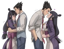 Rule 34 | 1boy, 1girl, ace attorney, black hair, blouse, blunt bangs, collared shirt, from side, grin, hair ornament, half updo, hanten (clothes), heart, hetero, highres, hug, jacket, japanese clothes, jewelry, jourd4n, kimono, long hair, magatama, maya fey, necklace, obi, open mouth, phoenix wright, pink sash, purple jacket, sash, shirt, short kimono, shy, simple background, sleeves rolled up, smile, tie, vest, wavy mouth, white background, white kimono, white shirt