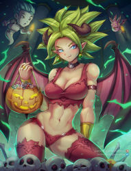 Rule 34 | abs, armband, artist name, aura, basket, bat (animal), blue eyes, bone, breasts, cabba, cameltoe, candy, chain, champa (b88272306), choker, collarbone, covered erect nipples, cowboy shot, demon girl, dragon ball, dragon ball (object), dragon ball super, dragon horns, dragon wings, earrings, english text, facing viewer, fang, fang out, fingernails, food, ghost, glowing, green hair, halloween, halloween bucket, highres, horns, jammeryx, jewelry, kefla (dragon ball), linea alba, long fingernails, looking at viewer, midriff, muscular, muscular female, navel, no bra, patreon logo, patreon username, pillar, pointy ears, potara earrings, red legwear, ring, signature, skull, smile, smirk, spiked hair, standing, super saiyan, thighhighs, thighs, torch, torn clothes, twitter logo, twitter username, vambraces, watermark, wings