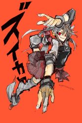 Rule 34 | 10s, 1girl, @ @, arm up, awkward pose, character name, full body, gloves, grin, hair ribbon, japanese clothes, kantai collection, leg up, long hair, muneate, oshaka (haguki), partially colored, partially fingerless gloves, partly fingerless gloves, red background, red eyes, ribbon, ringed eyes, simple background, sketch, skirt, smile, solo, teeth, thighhighs, twintails, twitter username, yugake, zuikaku (kancolle)
