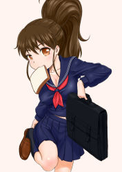 Rule 34 | 1girl, adjusting clothes, adjusting shoe, bag, bread slice, breasts, brown eyes, brown hair, food, food in mouth, late for school, long hair, looking at viewer, mouth hold, pleated skirt, ponytail, renko (gayosiz), school bag, school uniform, serafuku, skirt, solo, standing, standing on one leg, taneshima popura, toast, toast in mouth, working!!