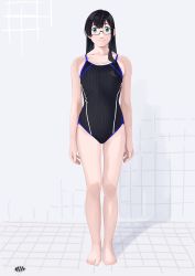 Rule 34 | 1girl, absurdres, barefoot, black hair, black one-piece swimsuit, breasts, collarbone, competition swimsuit, full body, green eyes, hairband, highres, kantai collection, long hair, looking at viewer, multicolored clothes, multicolored swimsuit, ojipon, one-piece swimsuit, ooyodo (kancolle), semi-rimless eyewear, small breasts, solo, swimsuit, tile floor, tile wall, tiles, under-rim eyewear, white hairband