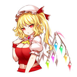 Rule 34 | blonde hair, bow, crystal, flandre scarlet, frills, hat, hat ribbon, highres, mob cap, one side up, puffy short sleeves, puffy sleeves, raptor7, red bow, red eyes, red ribbon, red skirt, red vest, ribbon, shirt, short hair, short sleeves, skirt, touhou, vest, white shirt, wings, yellow neckwear