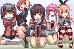 Rule 34 | 2018 fifa world cup, 5girls, :d, ^ ^, ball, black gloves, black neckerchief, black serafuku, black skirt, blonde hair, brown eyes, brown hair, closed eyes, commentary request, crossed arms, elbow gloves, gloves, grey eyes, hair between eyes, hairband, japanese clothes, kantai collection, kariginu, long hair, long sleeves, magatama, multiple girls, neckerchief, open mouth, orange hairband, pink hair, pleated skirt, red eyes, red neckerchief, rensouhou-chan, ryuujou (kancolle), sailor collar, school uniform, sendai (kancolle), serafuku, shimakaze (kancolle), shiratsuyu (kancolle), short hair, short sleeves, shorts, skirt, smile, soccer, soccer ball, striped clothes, striped legwear, striped thighhighs, tama (kancolle), thighhighs, tooi aoiro, twintails, two side up, visor cap, white gloves, white sailor collar, white shorts, world cup