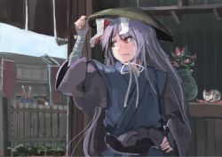 Rule 34 | 3girls, animal ears, bench, rabbit ears, cat, day, fence, forbidden scrollery, hat, hiding, ichiba youichi, japanese clothes, long hair, long sleeves, multiple girls, plant, potted plant, purple hair, red eyes, reisen udongein inaba, ringo (touhou), rooftop, sash, seiran (touhou), sky, solo focus, touhou, very long hair, wide sleeves