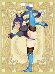 Rule 34 | 1girl, blue hair, blunt bangs, breasts, character request, covered erect nipples, elbow gloves, floating hair, full body, furrowed brow, gloves, high kick, high ponytail, highleg, highleg leotard, kicking, large breasts, leg up, leotard, long hair, official art, psychic hearts, ryoji (nomura ryouji), serious, solo, thighhighs