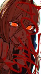 Rule 34 | 1girl, absurdres, black necktie, blood, blood on face, blood on hands, blood writing, blue jacket, brown hair, chainsaw man, character name, collared shirt, cross-shaped pupils, hair between eyes, haru rice, highres, horns, jacket, long hair, looking at viewer, necktie, open mouth, orange eyes, power (chainsaw man), red horns, sharp teeth, shirt, simple background, solo, symbol-shaped pupils, teeth, tongue, tongue out, white background