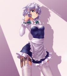 Rule 34 | 1girl, adapted costume, apron, blue eyes, bow, braid, breasts, character name, dress, ear piercing, eyebrows, garter belt, garter straps, hair bow, hater (hatater), izayoi sakuya, knife, legband, long sleeves, looking at viewer, maid headdress, medium breasts, non-web source, piercing, pocket watch, puffy sleeves, short hair, silver hair, smile, solo, thick eyebrows, thigh strap, thighhighs, touhou, twin braids, waist apron, watch